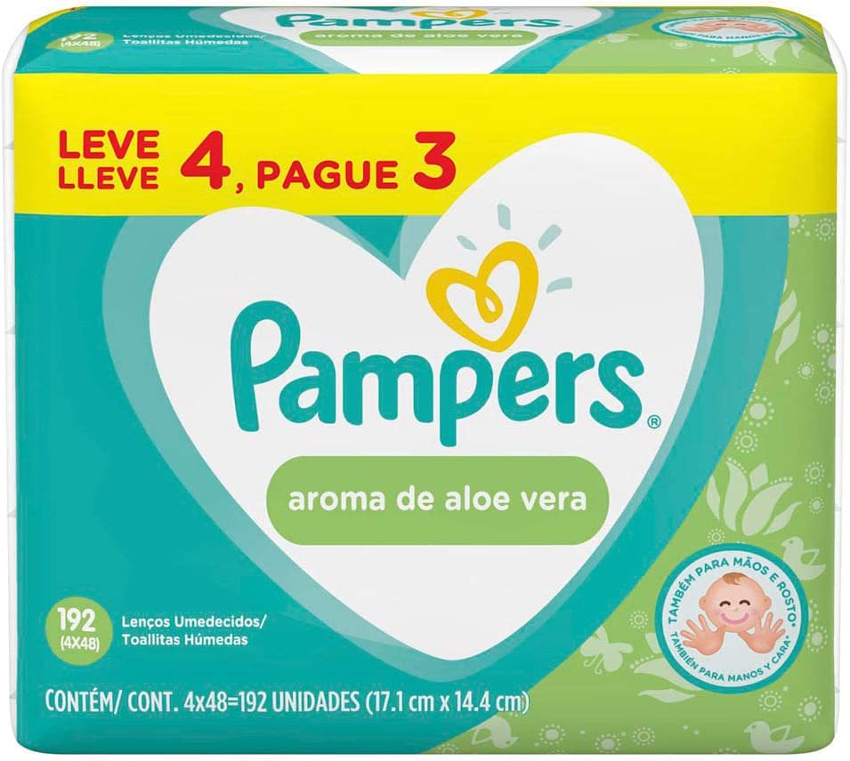 Kit 4 Lenços Umedecidos Pampers Aroma de Aloe Vera 192 Unidades