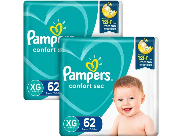 Kit  2 Fraldas Pampers Confort Sec Tam. XG  62 Unidades Cada