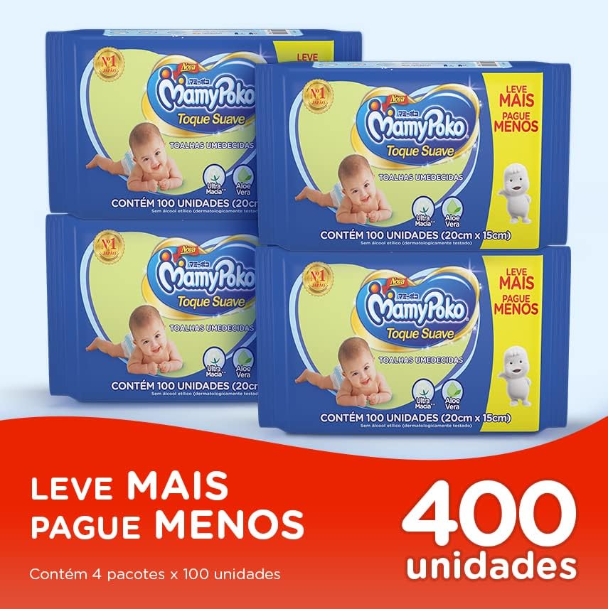 Kit 4 pct MamyPoko Toalhas Umedecidas Toque Suave 100 unidades cada